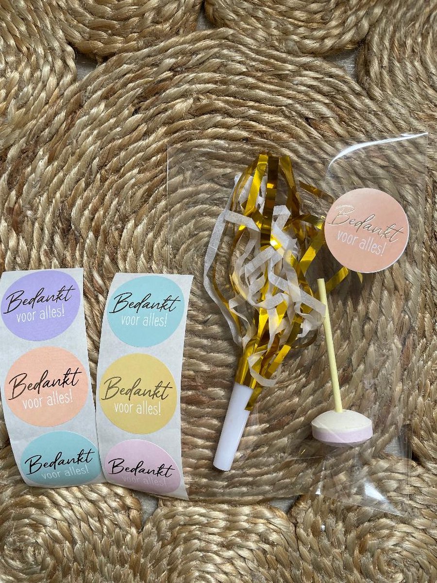 25 Uitdeelzakjes / Traktatie zakjes + 25 XL Stickers Bedankt voor alles - Pastel kleuren - 5 assorti - Goud folie - Hartje | School traktaties - Cellofaan zakjes - Transparant - Afscheid | Peuterspeelzaal - Kinderopvang - Bedrijf | DH collection