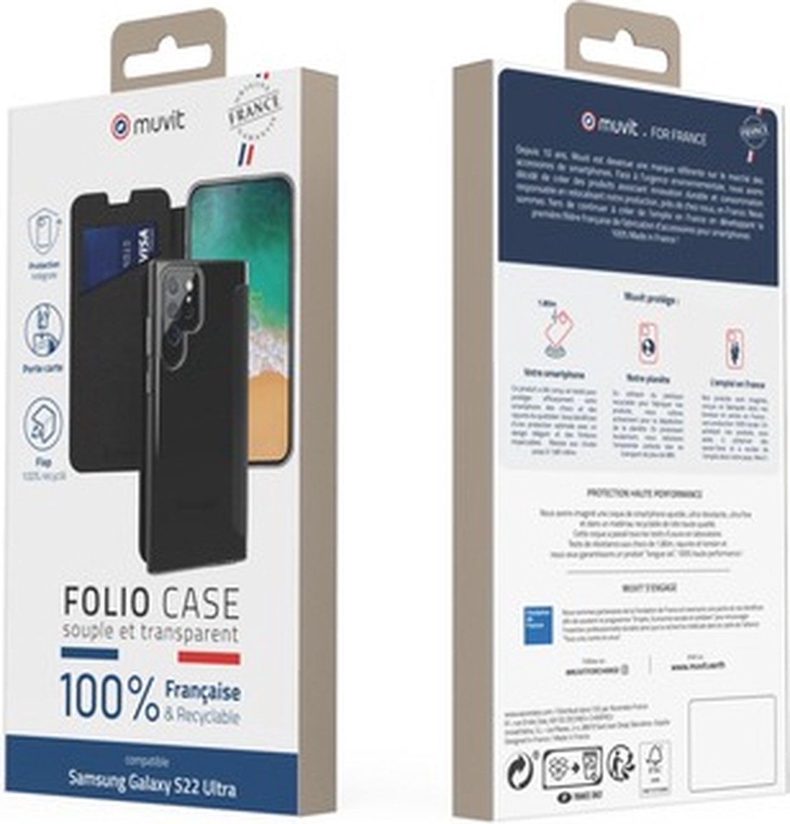 Muvit, Folio hoesje Geschikt voor Samsung Galaxy S22 Ultra Transparante achterkant, Zwart