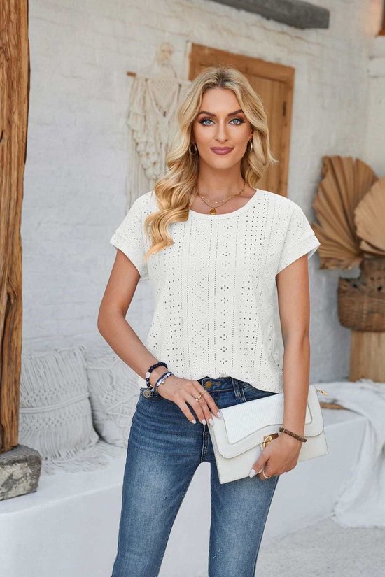 ASTRADAVI Damesmode - Top - Mooie Uitgeholde Jacquard Shirt - Off White / Medium