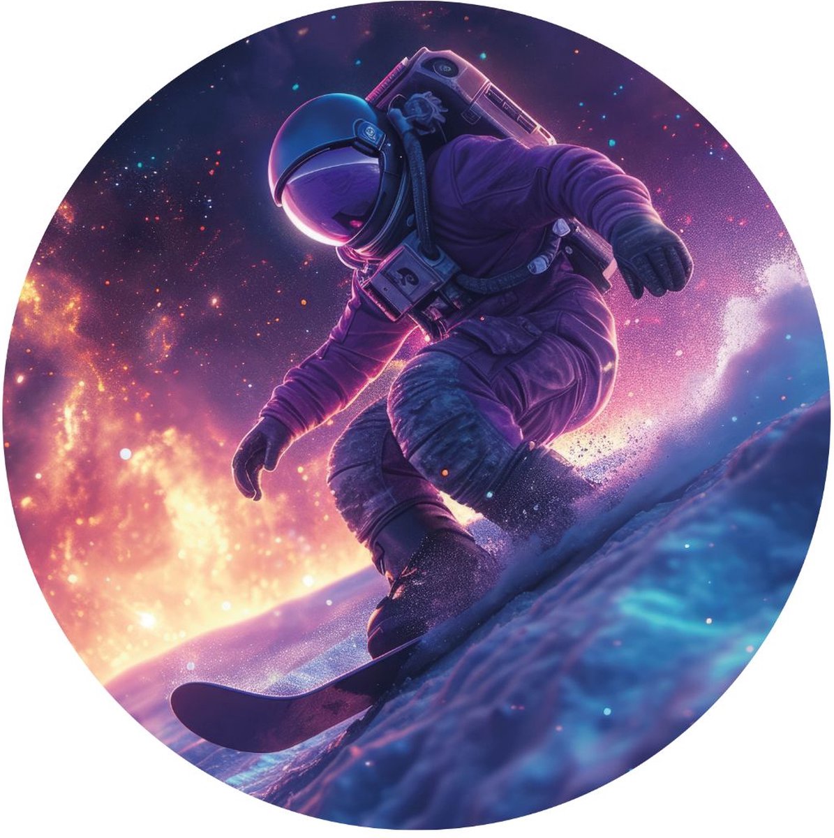 Myfinto Indoorart - Muurcirkel Snowboarding Astronaut Forex 50 cm - Wanddecoratie - Afbeelding op Forex - Inclusief ophangplaat zwart, roze, paars, blauw
