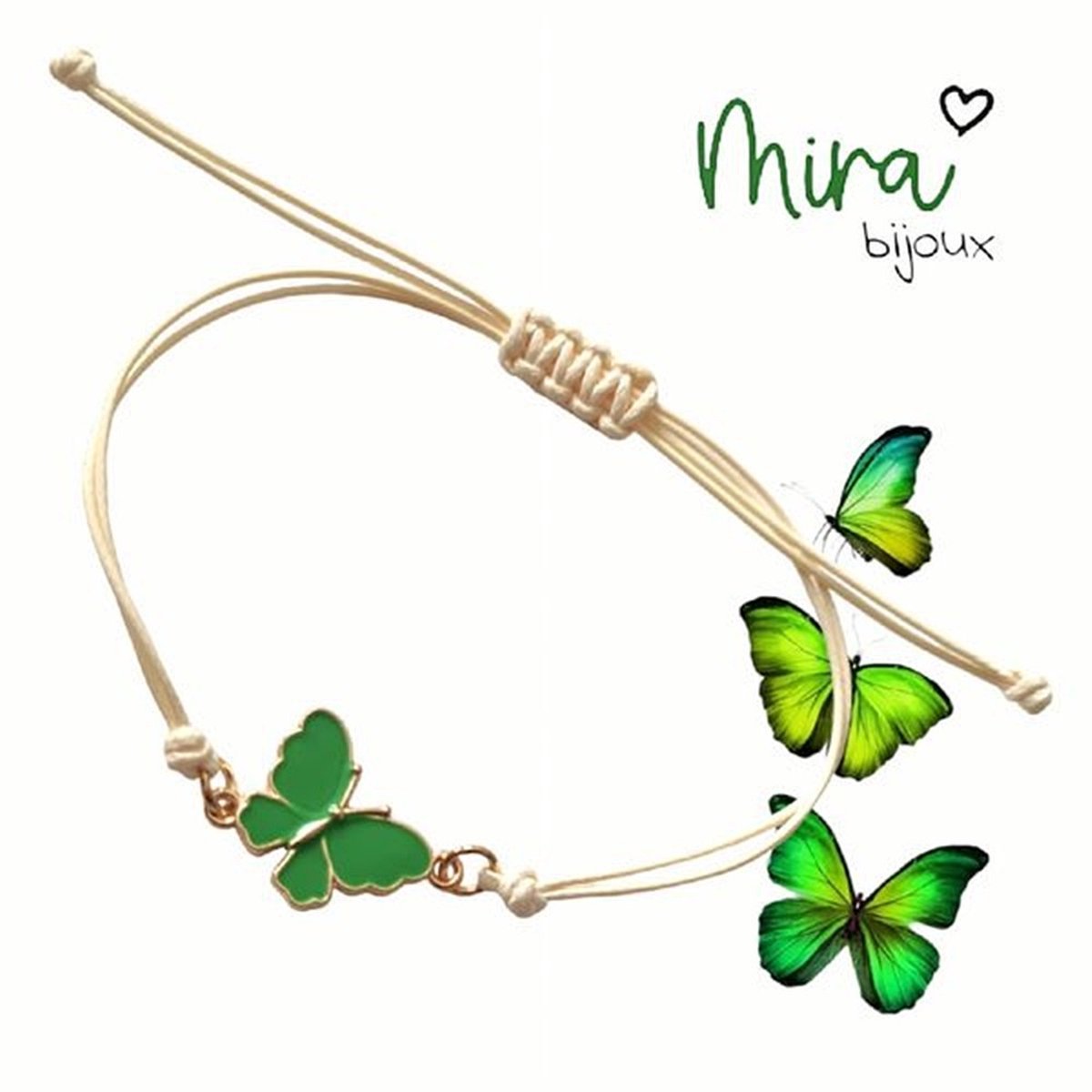 Mira Bijoux - Charm Connector Armband - Groene Vlinder - KC Goud Tone - 2,3 x 1,5 cm - Verstelbaard Koord Beige – Volwassenen Jeugd - Unisex - Casual Feest