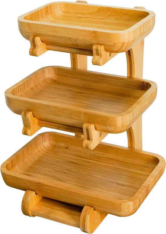 Fruitetagère met 2/3 etages, plastic fruitschaal, fruitmand, fruitbord met natuurlijke bamboe standaard, serveerbord voor groenten, fruit, snacks, cake, snoep, opslag (2 verdiepingen, wit