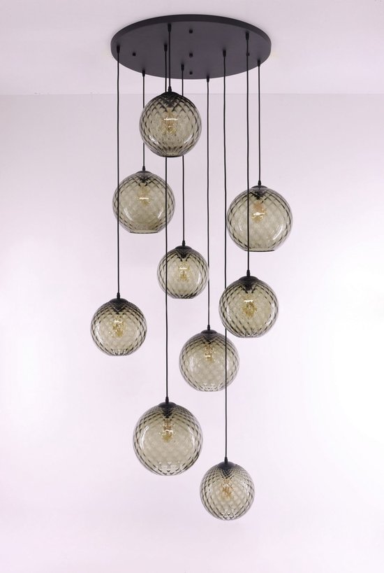 Design Videlamp hanglamp - 9 lichts bruin grijs bewerkt glas - hoogte max 350 - diameter 90cm - smart geschikt