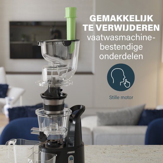 Gedemonteerde Princess slowjuicer met vaatwasserbestendige onderdelen. Zwarte behuizing met groene pusher.