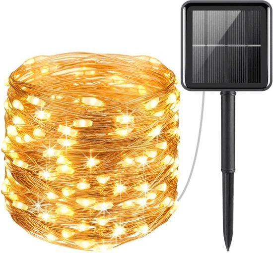 HOFTRONIC - Solar Lichtsnoer Twinkle 10 meter met 100 LEDs en 8 lichtstanden - Fairy lights - 3000K warm wit - Schemerschakelaar - IP44 waterdicht - koperdraad