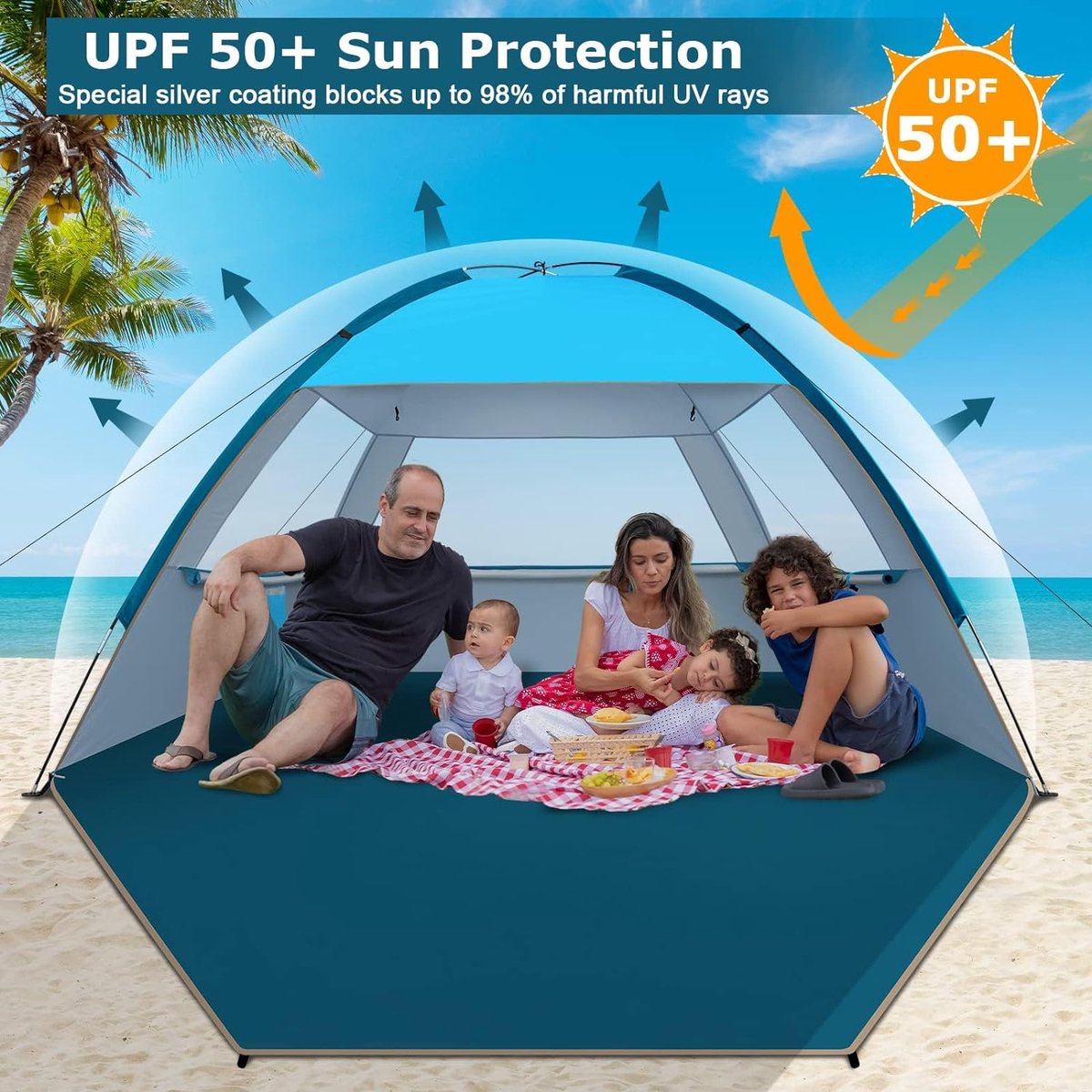 Tente De Plage Fbsport – Abri Solaire UPF50+, Auvent Bleu, Avec Sacs De Sable – NEUF