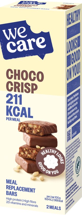 We Care Choco Crisp reep, gestapelde repen met chocoladelaag en krokante vulling, met witte pinda's.
