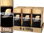 Zes potten Nescafé Espresso 100g in een kartonnen verpakking. Gouden deksels.