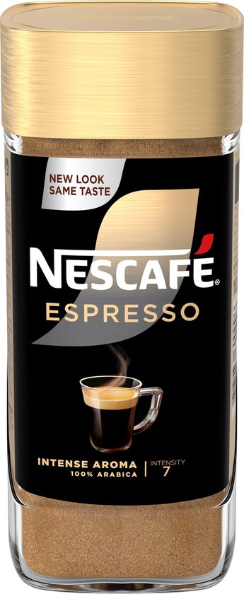Pot Nescafé Espresso 100g met goudkleurig deksel. Zwart etiket met "New Look Same Taste".