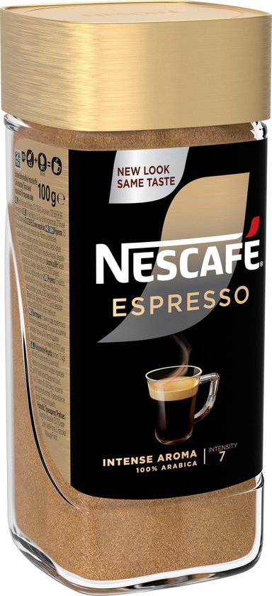 Pot Nescafé Espresso 100g met goudkleurig deksel. Zwart etiket met "New Look Same Taste".