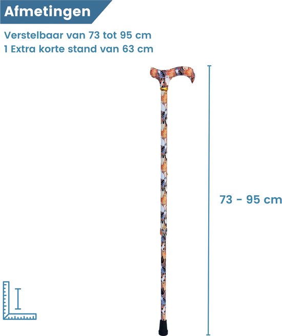 Verstelbare wandelstok van 73-95 cm, met extra korte stand van 63 cm, met kattenprint.