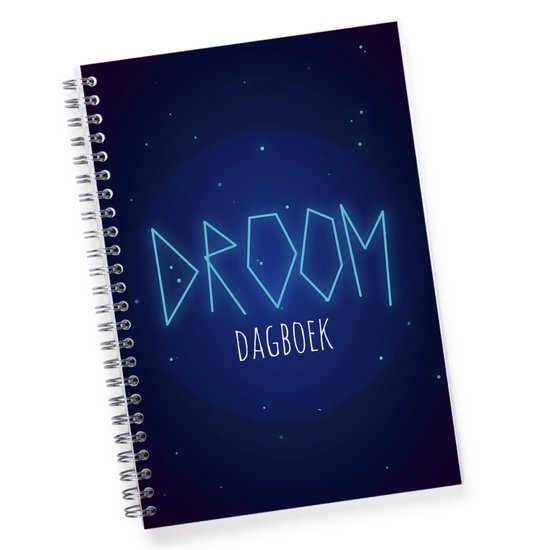 Donkerblauwe kaft met een grote neonblauwe cirkel waarin de tekst 'DROOM DAGBOEK' staat in een sierlijk lettertype. Kleine turquoise stipjes verspreid over de kaft.