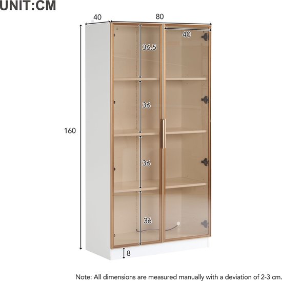 Sweiko Vitrine en verre Witte avec éclairage LED 16 couleurs, Vitrine à étagère mobile à double porte, 80 * 40 * 160 cm, armoire haute de salon, vitrine verticale, armoire de salle de bain