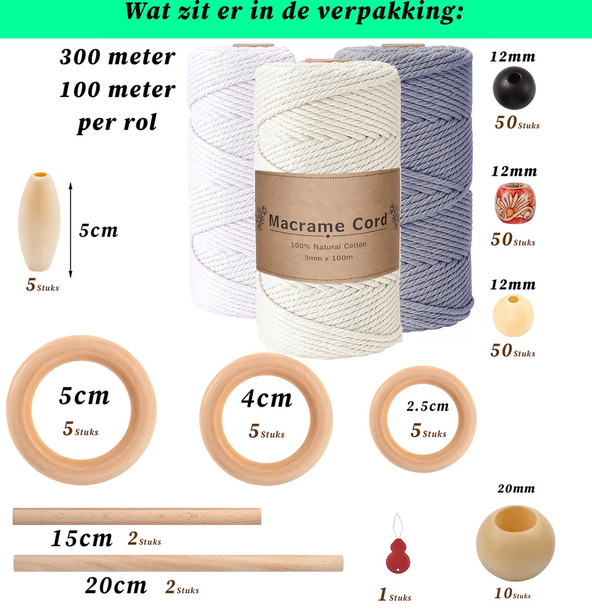 300 Meter 3mm Macramé Touw Compleet Pakket met Houten Ringen en Kralen - Hobby DIY Natuurlijk Katoen Koord\Garen voor Wandkleed en Plantenhanger Zelf Maken - Volwassen\ Kinderen Knutselen Set voor Macramé en Sieraden Handwerk- Incl. E-boeken — afbeelding 2