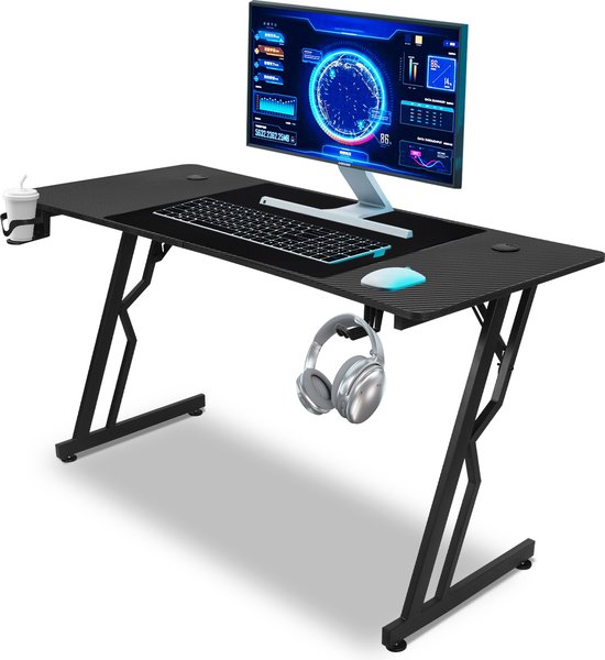 Foto: Game bureau 120x60x75cm gaming bureau met gaming muismat 72x56cm gaming desk zwart computertafel met koptelefoonhouder bekerhouder kabeltunnel z vormig gaming tafel ergonomisch