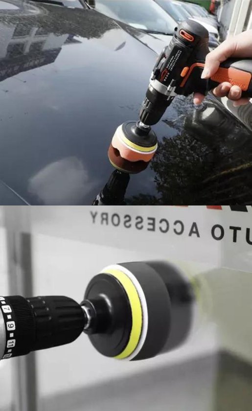 Boormachine met polijstpad die een auto poetst. Boormachine met polijstpad langs een raam.