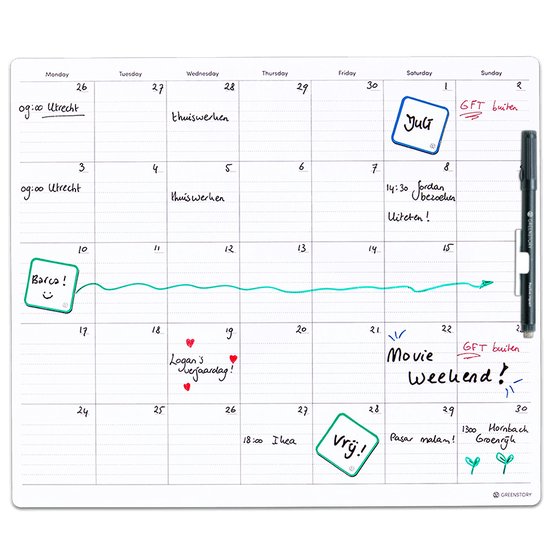 Foto: Greenstory maandplanner large sticky whiteboard whiteboardfolie met sticky pen