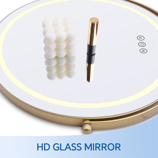 Gouden make-upspiegel met LED verlichting, gemaakt van HD glas.