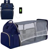 Fiory Luiertas Rugzak + draagbaar babybed| Luiertassen met Babybed | Incl. Buggy / Kinderwagen haken en verschoningsmat | Verzorgingstas met Babybedje | Verzorgingsrugzak | incl muggennet| donkerblauw