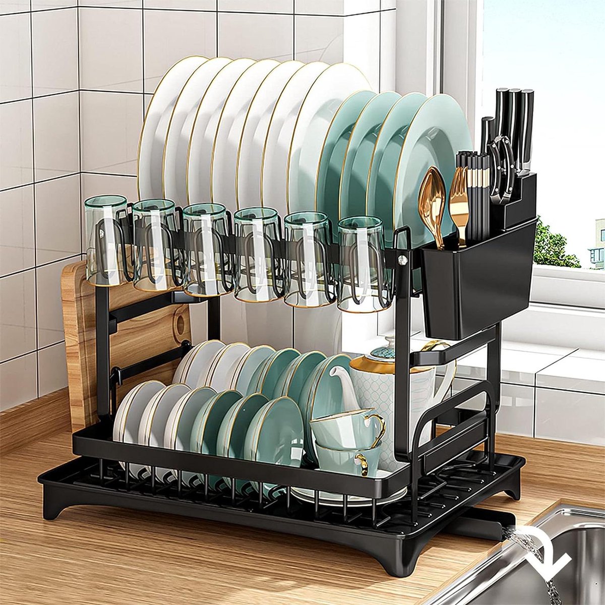 Goedkoopste 2-laags afdruiprek - automatische afvoer - afdruiprek met bekerhouder - snijplankhouder - bestekhouder - zwart dish drying rack