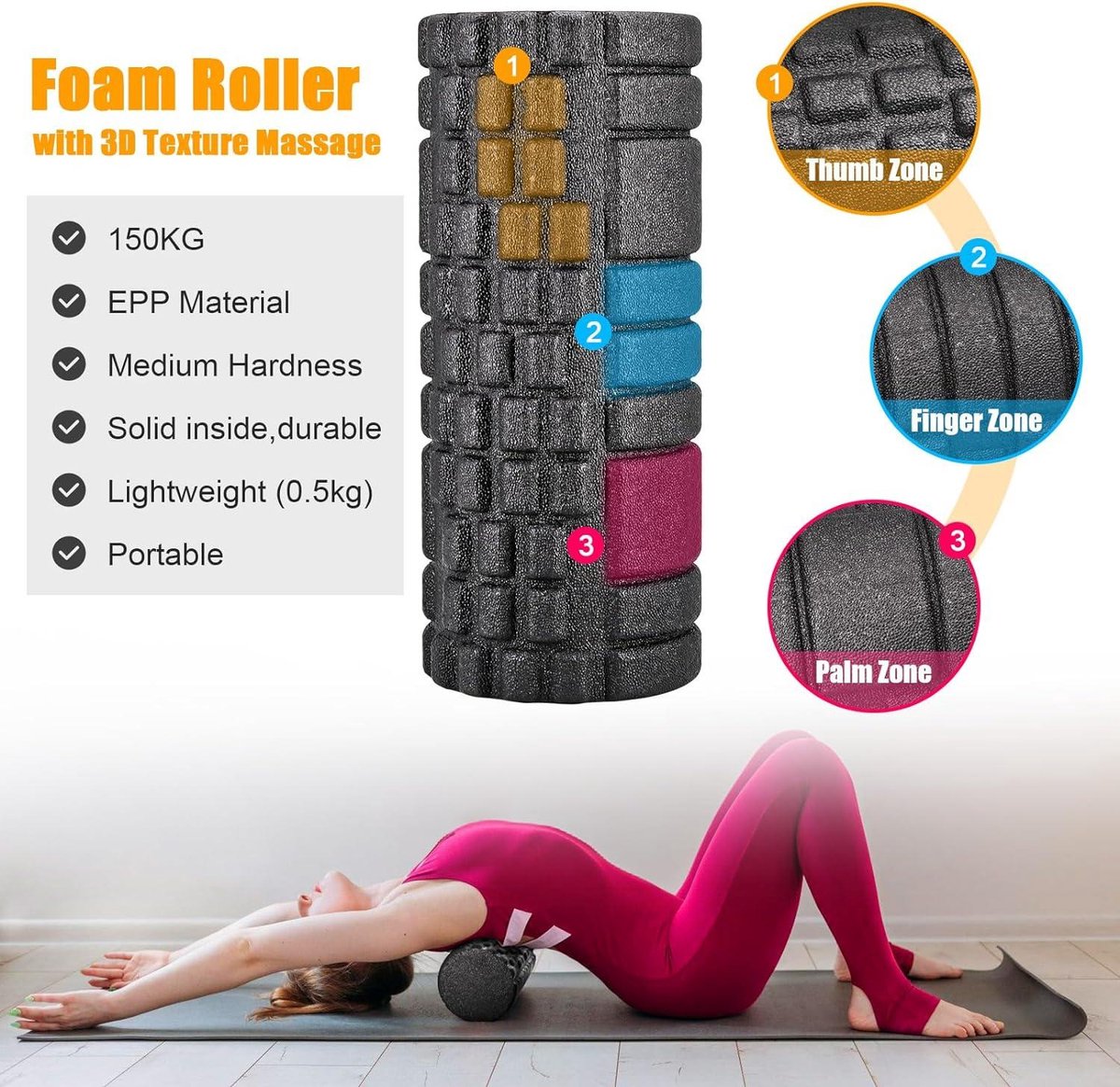 Rouleau De Massage Musculaire Dur 32.5cm - Foam Roller Texture 3D Pour Dos Et Jambes