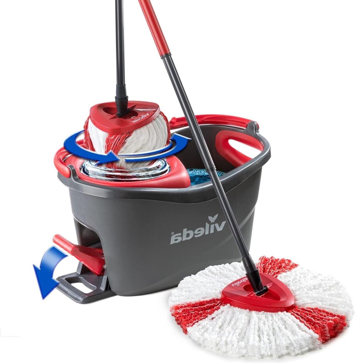 Goedkoopste Easy Wring & Clean Turbo mop met pedaalemmer - Telescopische steel 85-130 cm - Franjemop met centrifugepers - Microvezelfranjes - 2in1 Mop en pedaalemmer - Grijs