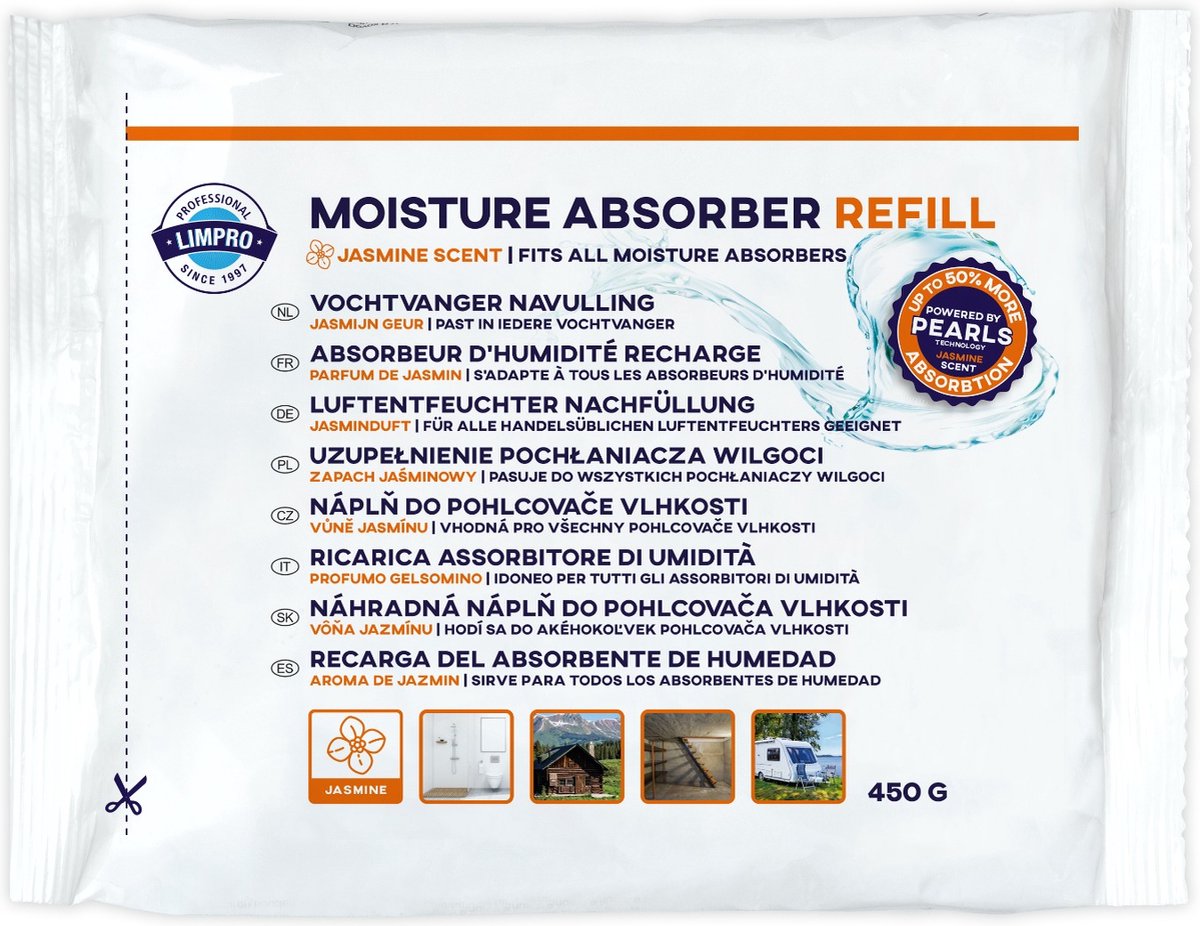 Limpro Vochtvanger navulling - 1 stuk - 450 gram - jasmijn - Pearls - neemt tot 50% meer vocht op
