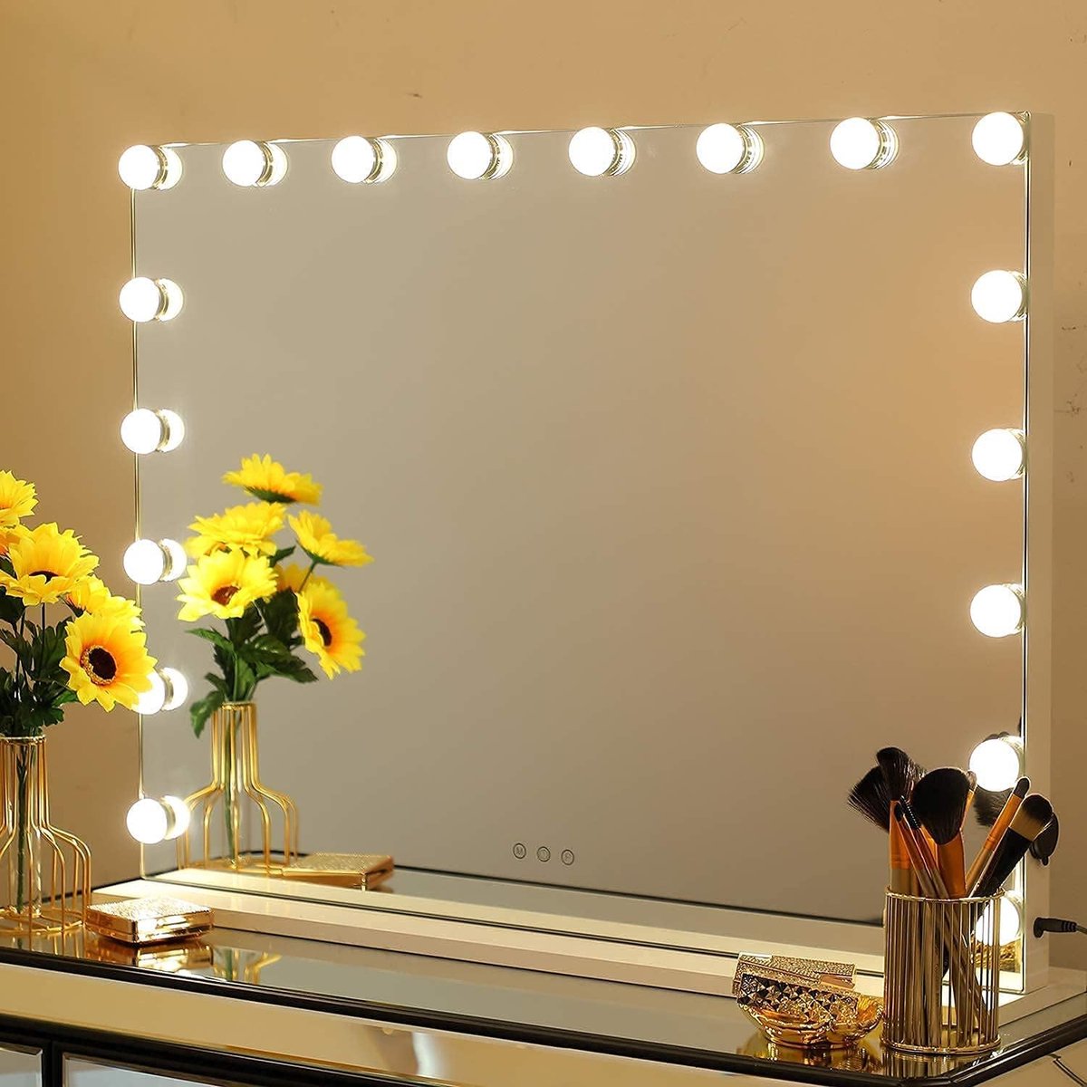 Miroir Hollywood LED Avec Bluetooth 80x60cm - 18 Ampoules, 3 Couleurs, Idéal Maquillage Et Déco