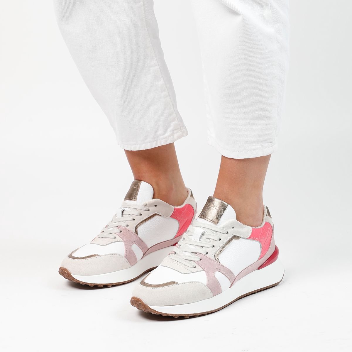 Manfield Dames Witte leren sneakers met roze details Maat 36 bol