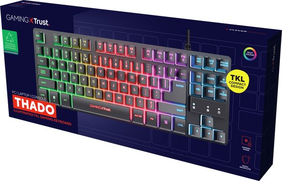 Verpakking van het Trust GXT 833 Thado TKL gaming toetsenbord, met afbeeldingen van het toetsenbord en icoontjes.