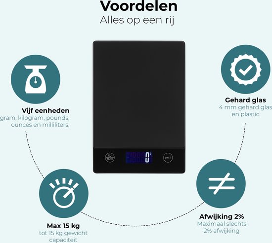 Balance de cuisine numérique de précision Pumpify - Balance de Cuisine - 1 gramme à 15 kg - Fonction tare - Résistante à l'eau - Zwart