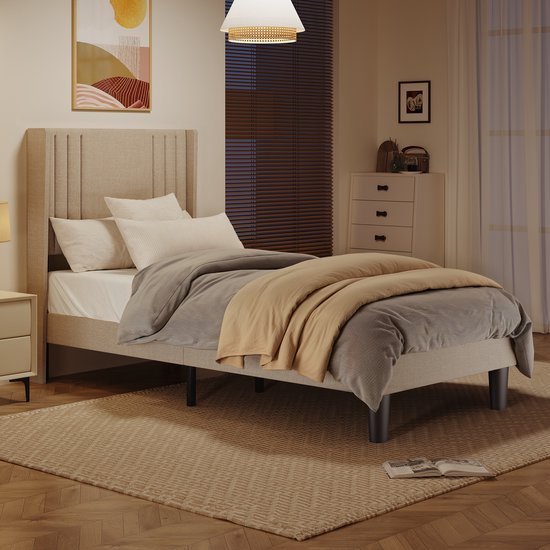 Diahomy Single bed frame with wooden storage head, metal platform bed single with storage space/mattress bottom/storage under bed/no box spring needed/grey