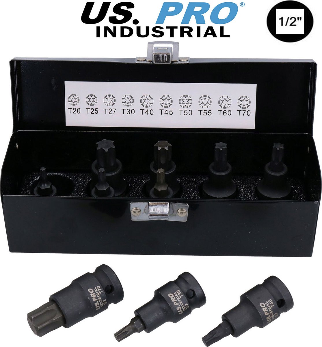 Professionele Torx krachtdoppenset 1/2" met 10 Torx krachtdoppen T20 - T25 - T27 - T30 - T40 - T45 - T50 - T55 - T60 en T70