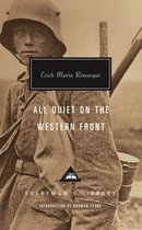 Boekcover van "All Quiet on the Western Front" met een soldaat in uniform met helm en geweer.