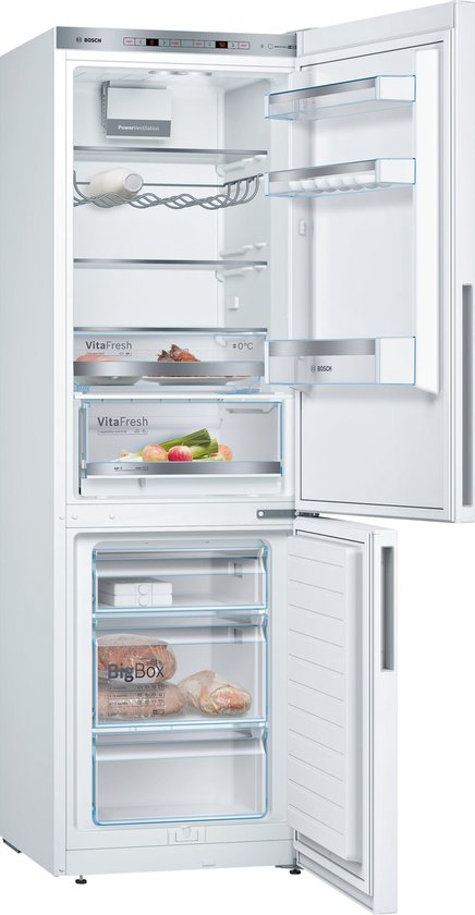 Open koel-vriescombinatie met vershoudlades, flessenrek, eierrek en diepvrieslades met "BigBox".