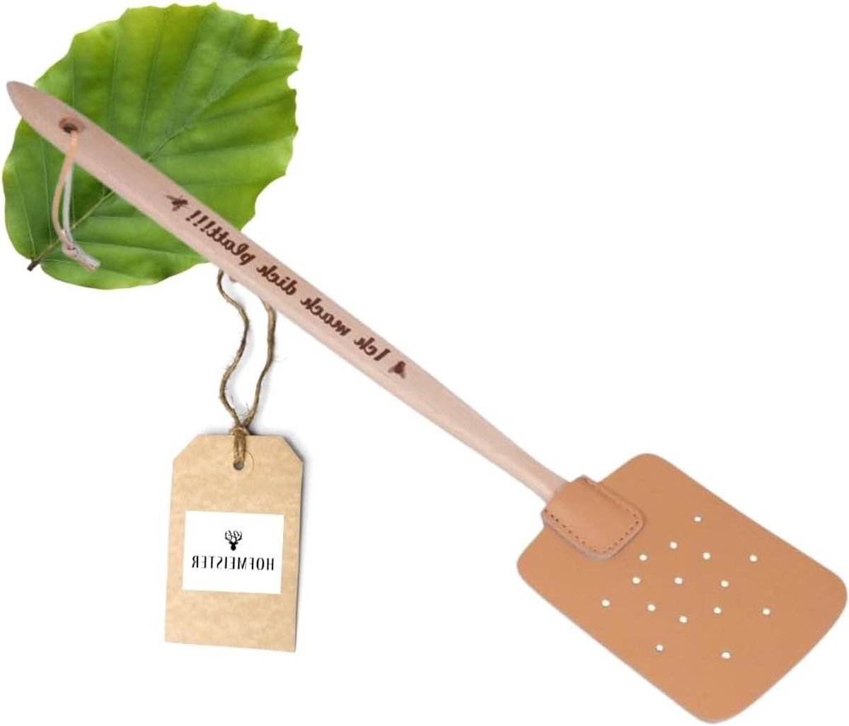 Vliegenmepper van beukenhout en leer met spreukopdruk - 475 cm - praktische muggenracket