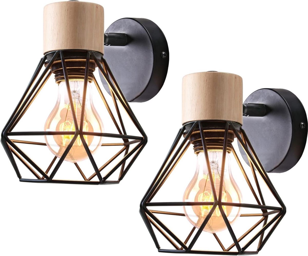 Industriële wandkandelaars - design metalen kooi wandlamp - verstelbare decoratie - vintage binnenverlichting - slaapkamer hal woonkamer - 16 cm (stijl-B zwart) - set van 2