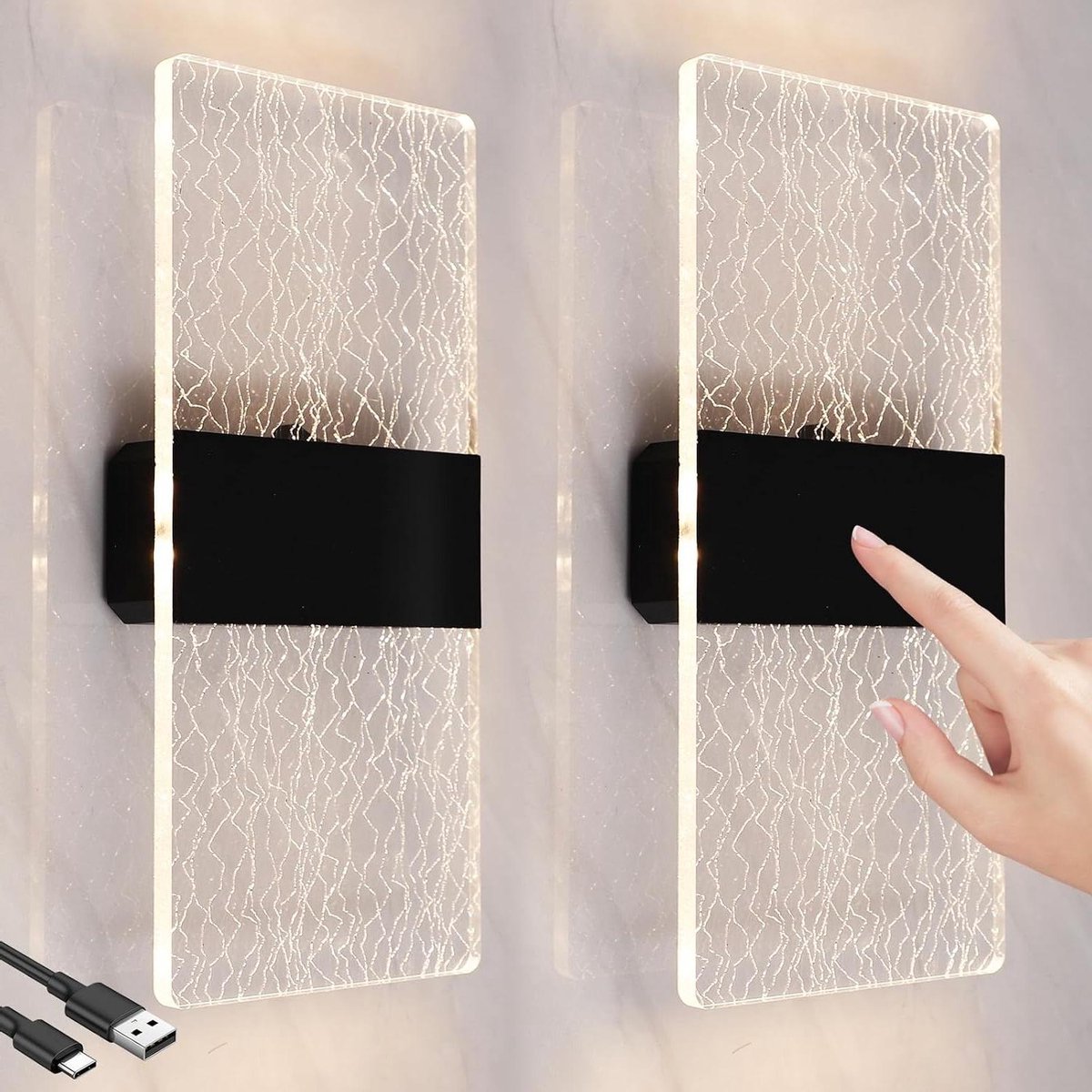 Wandlamp Touch Bediening USB Oplaadbaar Batterij - Wandverlichting 2 Modi - Draadloze Magnetische Installatie - 3W Binnen Wandlamp Met Schakelaar - 3000K Helderheid Instelbaar - 2-pack