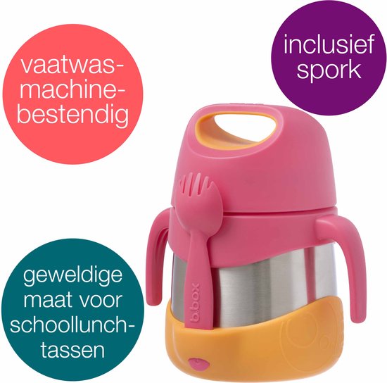 Pot à lunch rose et orange avec intérieur en acier inoxydable, y compris une spork. Cercles avec le texte 'vaisselle' et 'super taille pour les sacs à lunch scolaires'.