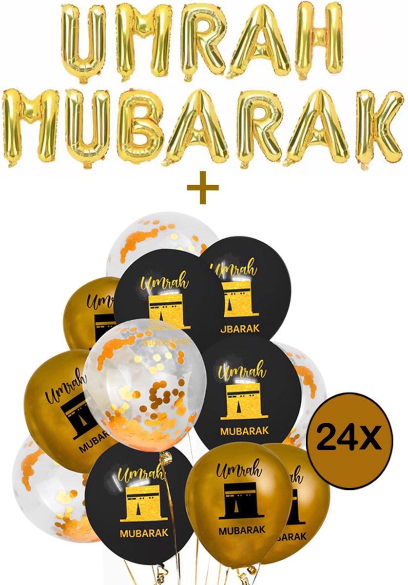 Mansak Ballonnenset XL - Umrah Mubarak Folieballon + 24 x Umrah Mubarak Ballonnen – Zwart- Goud - Confetti – Umrah Feest - Decoratiepakket - Umrah Mubarak Versieringen - Umre Mubarek - Omrah