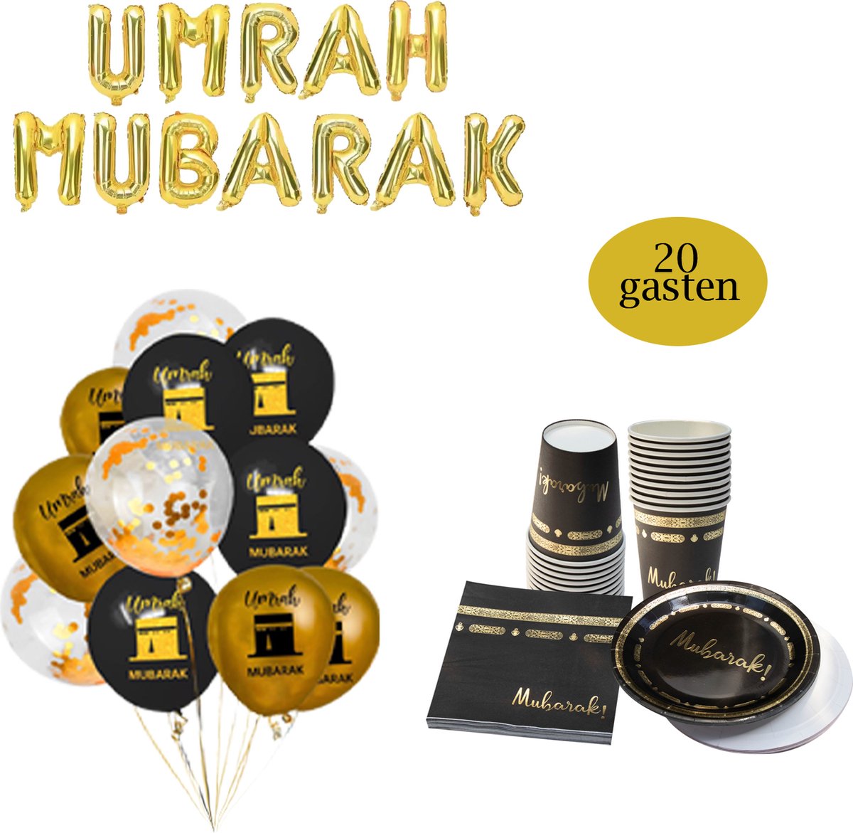 Mansak Ballonnenset + Serviesset voor 20 Gasten - Umrah Mubarak Folieballon - 12 Ballonnen - 20 x Borden 20 x Bekers en 20 x Servetten - 73 Stuks - Decoratieset - Wegwerpservies - Umrah Mubarak Versieringen - Umre Mubarek - Omrah
