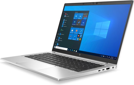 Zilverkleurige HP laptop met een openklapt scherm met Windows-icoontjes.