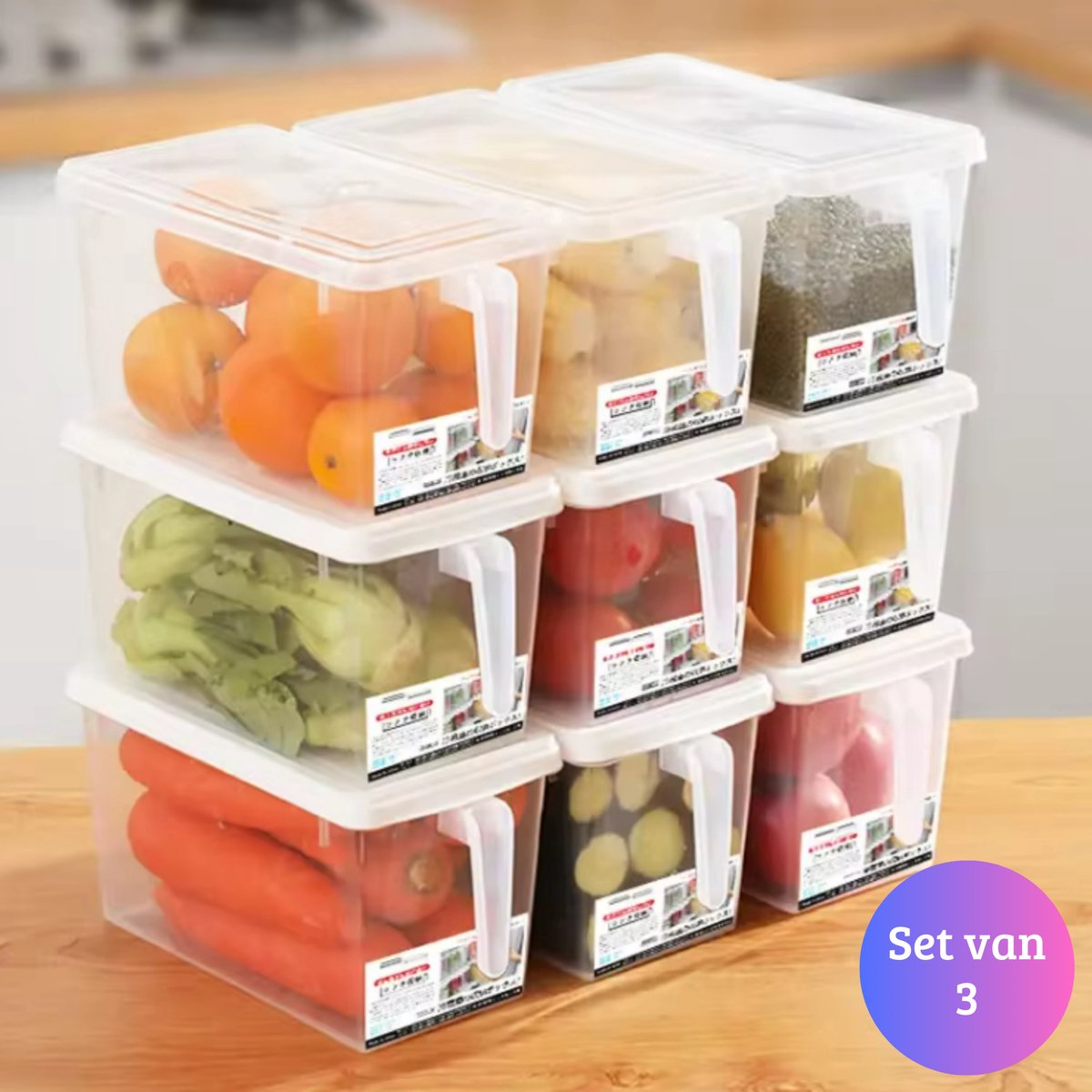 Janse set van 3 koelkast organizers met deksel Opbergbox met handvat Opberg bakjes Koelkast bakjes Plastic bakjes Eten Keuken organizer Stapelbaar Koelkast opbergbak Voorraadbakjes Koelkast accessoires – Transparant