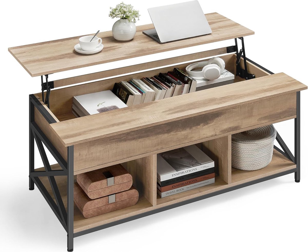 FurnStar - Salontafel - In Hoogte Verstelbare Woonkamertafel - Koffietafel - Open En Verborgen Opbergruimte - 60 X 120 X (48-62) Cm - Camelbruin-zwart
