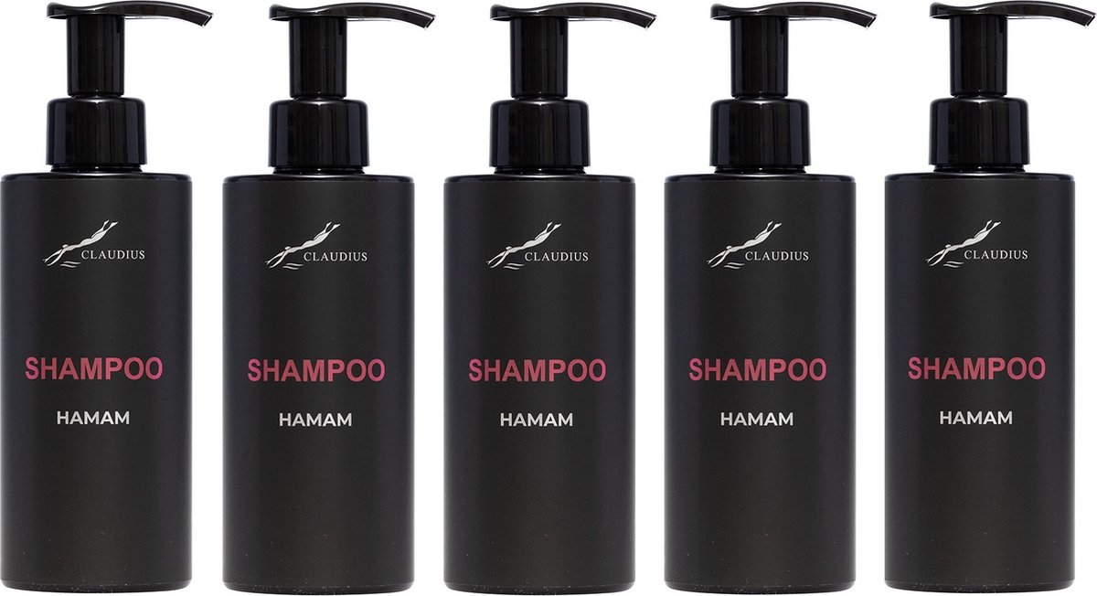 Shampoo Hamam 300 ml - met pomp - zwarte fles - set van 5 stuks - voordeelverpakking - haarverzorging