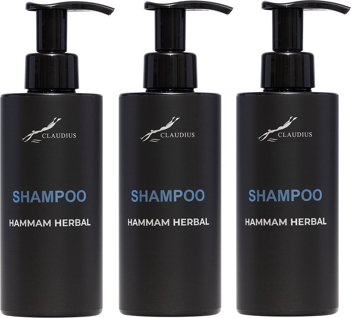 Shampoo Hammam Herbal 300 ml - met pomp - zwarte fles - set van 3 stuks - voordeelverpakking - haarverzorging