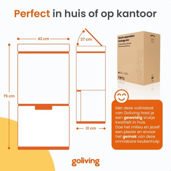 Technische tekening van een zilveren RVS prullenbak met afmetingen: 42cm x 31cm x 75cm. Inclusief verpakking.