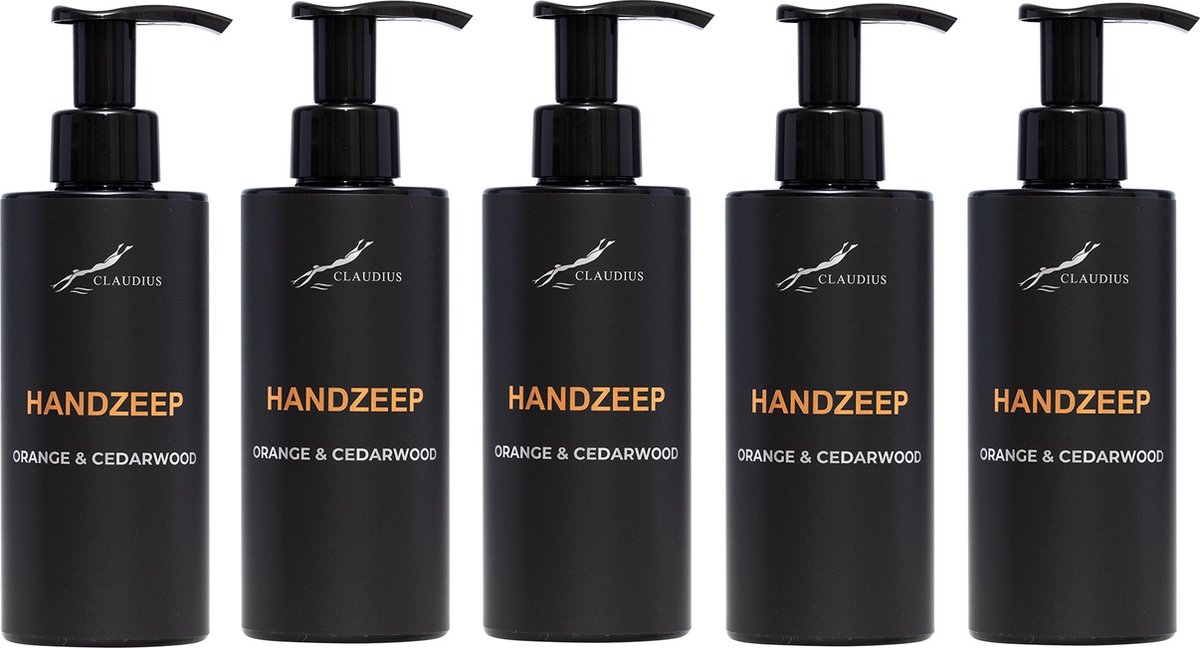 Goedkoopste Handzeep Sweet Orange & Cedarwood 300 ml - met pomp - zwarte fles - set van 5 stuks - Voordeelverpakking