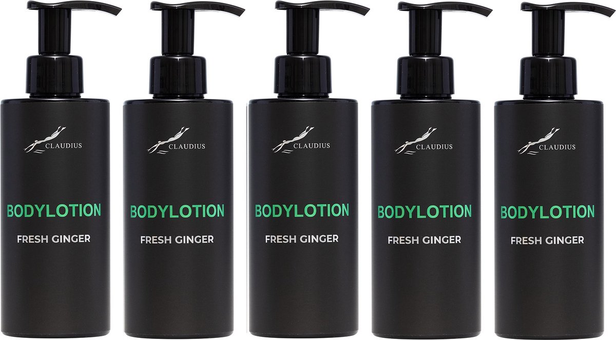 Bodylotion Fresh Ginger 300 ml - met pomp - zwarte fles - set van 5 stuks - Voordeelverpakking