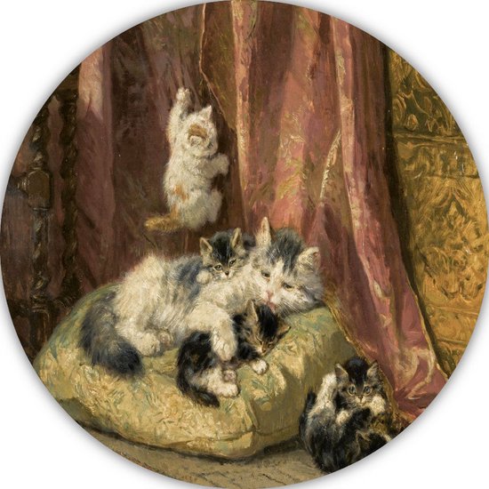 Kittens bij het spelen - Henriëtte Ronner-Knip schilderij rond - Katten wandschalen - Muurdecoratie rond Dieren - Muurdecoratie klassiek - Muurcirkel - Kunst muurcirkel forex 100x100 cm